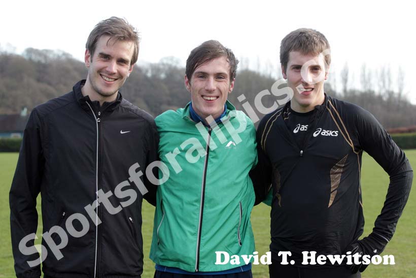Morpeth Harriers winners of the 2013 Durham Cathedral Relays senior mens race, from left to right: .Matt Nicholson, Ross Floyd and Lewis Timmins.